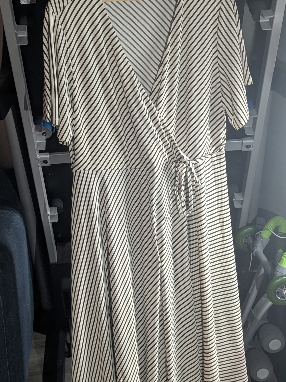 Suzy Shier Cream and Black Diagonal Stripe Wrap Midi Dress